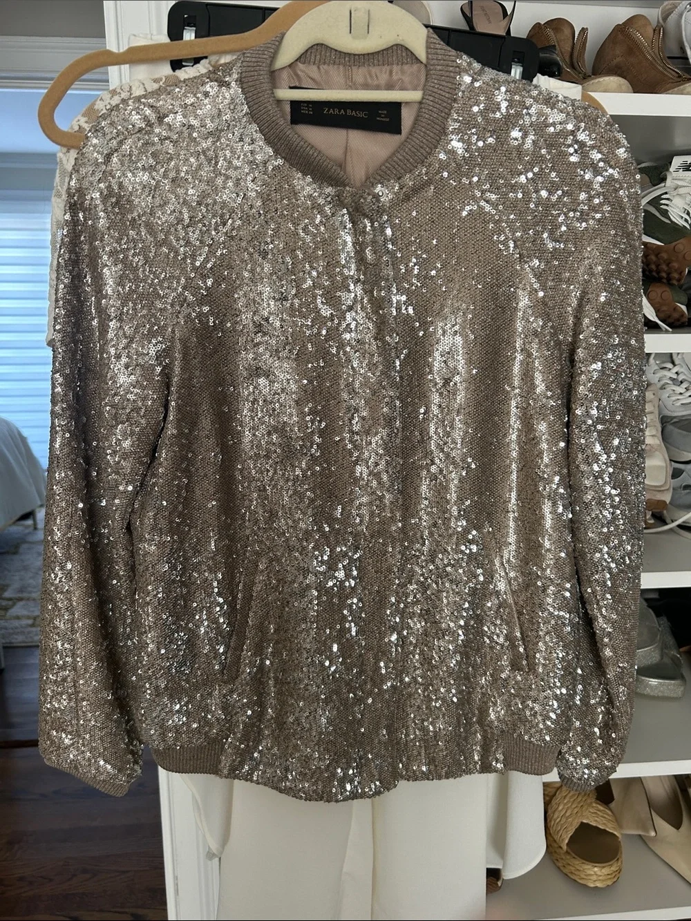Zara Sequined Knit Pullover in Taupe Silver